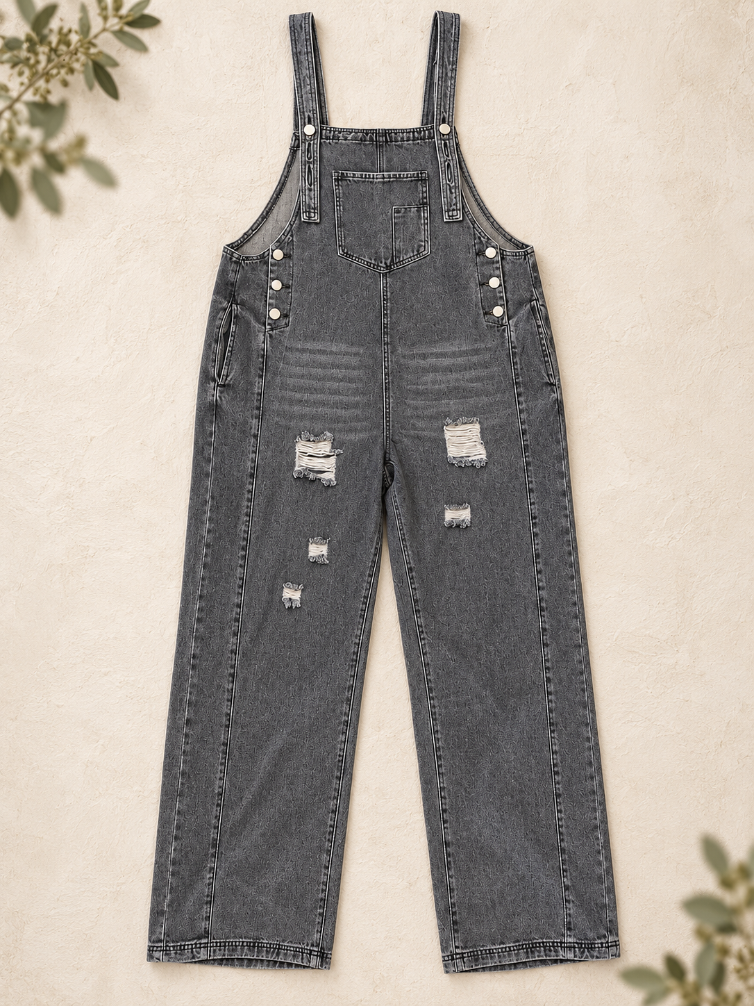 Grey Bibs washed charcoal denim overalls front view