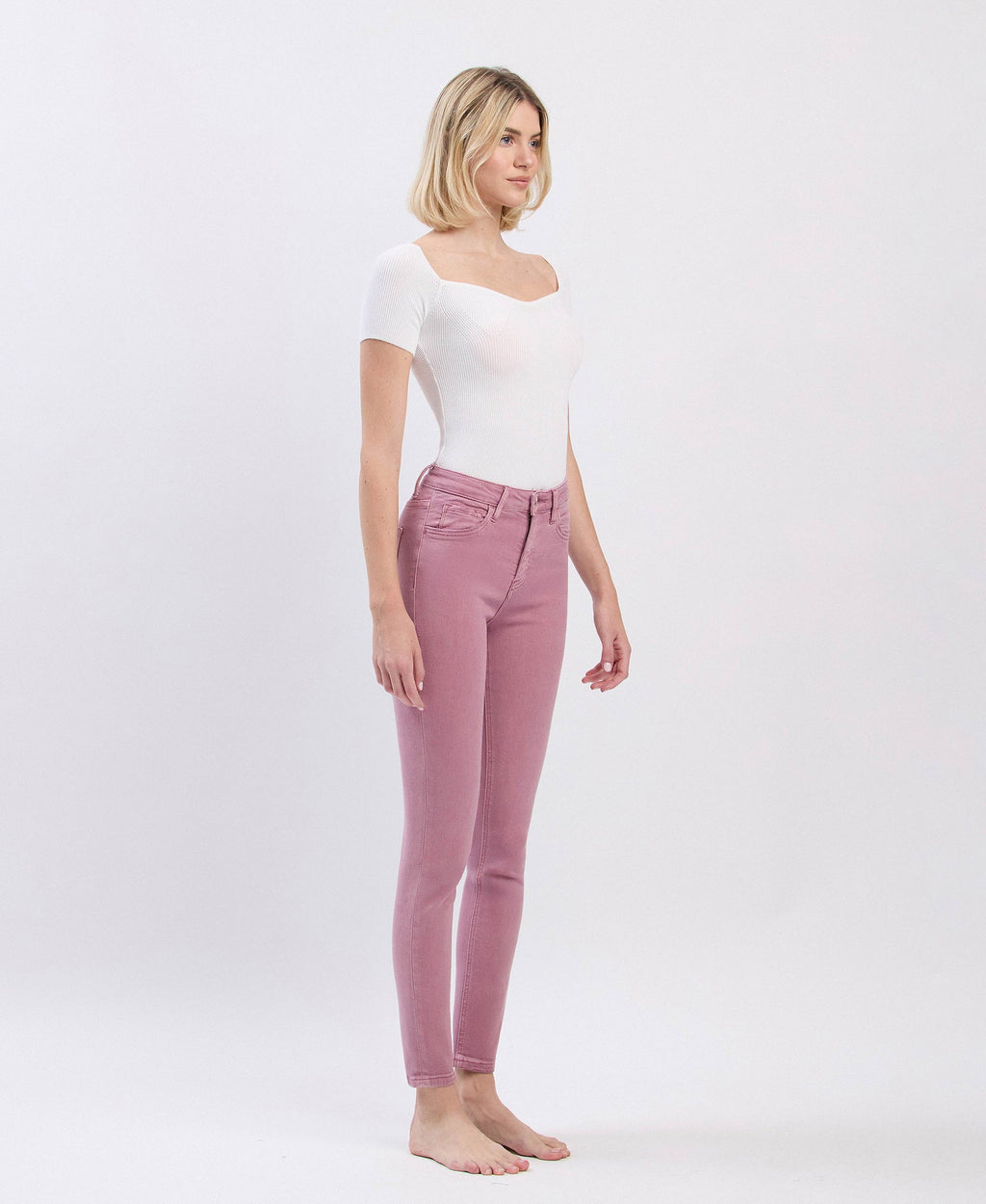 Haylie wistful mauve high-rise ankle skinny jeans angled view