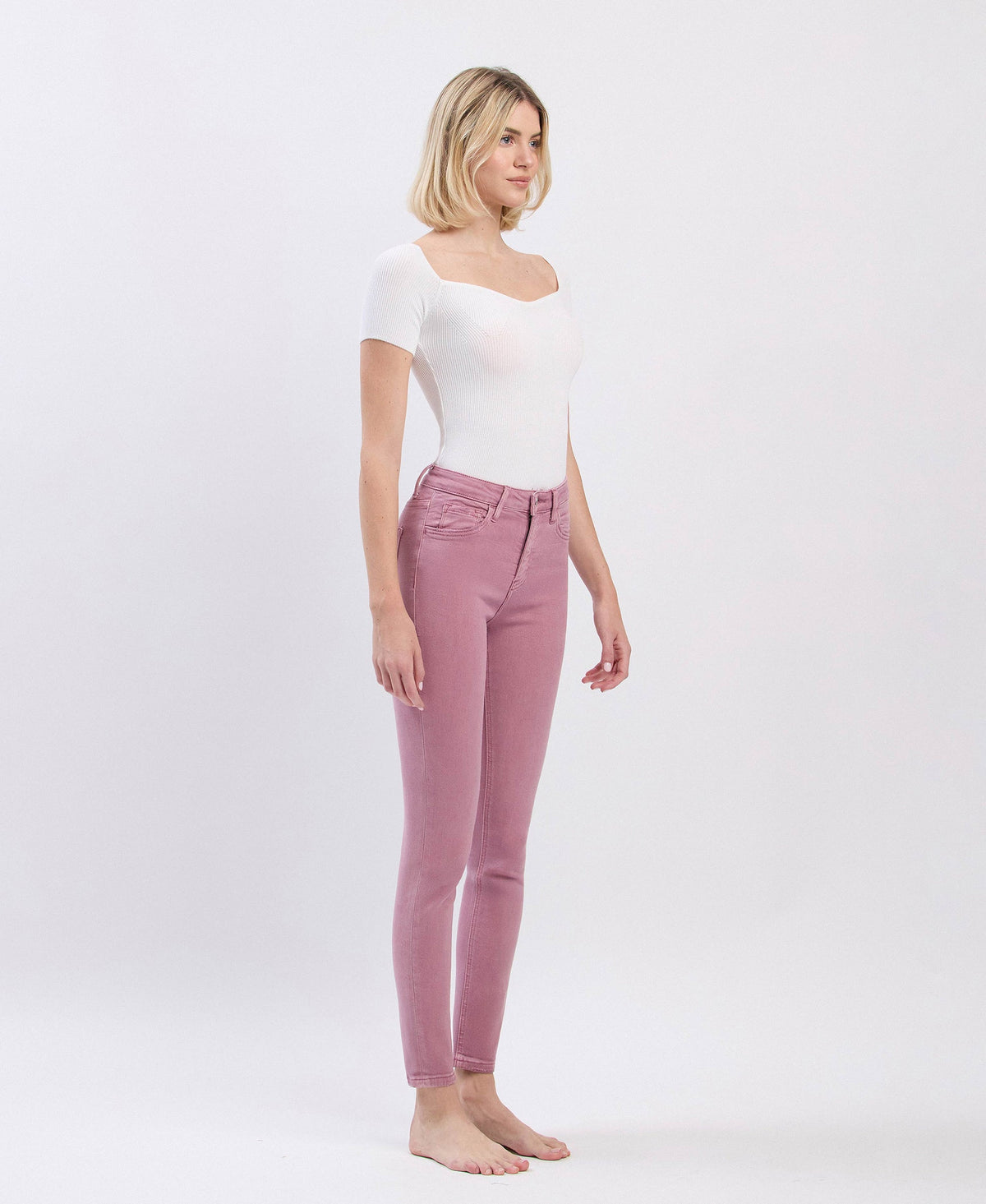 Haylie wistful mauve high-rise ankle skinny jeans angled view