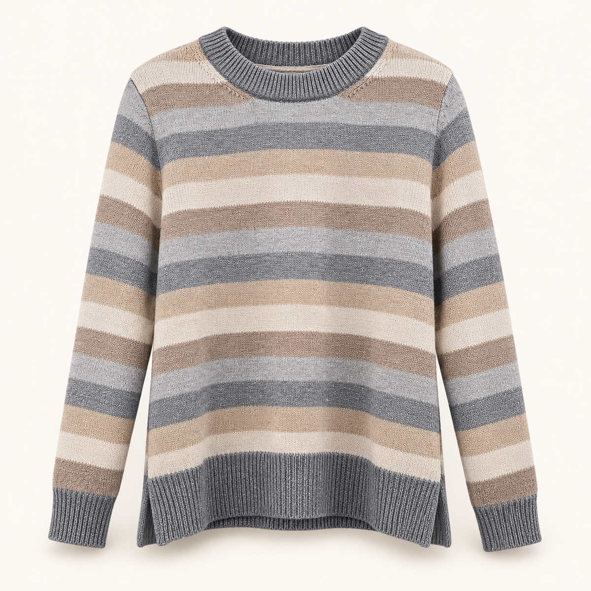 Hazel neutral striped knit sweater in gray, taupe, beige, and ivory