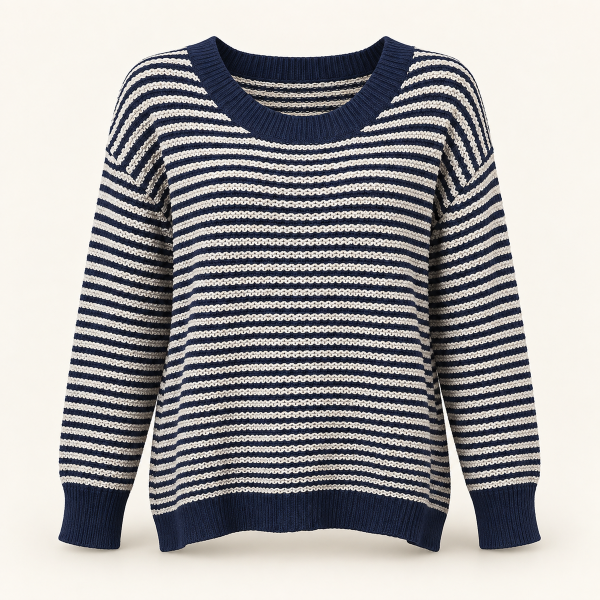 Isadora navy and ivory striped textured knit sweater front view