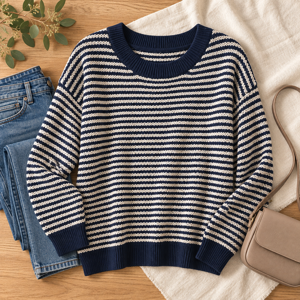 Isadora navy and ivory striped textured knit sweater styled with denim