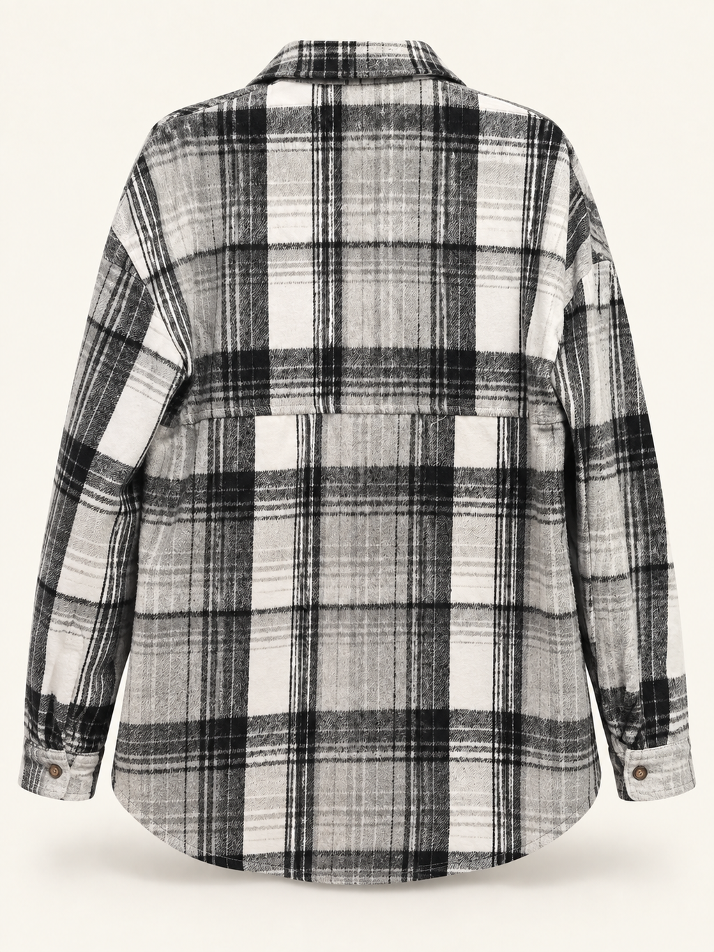 Jackson black, white and gray plaid shacket back view