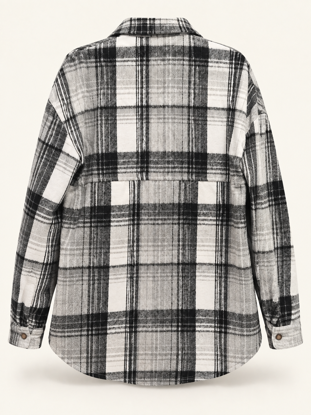 Jackson black, white and gray plaid shacket back view