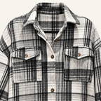Jackson plaid shacket collar, pockets and button detail