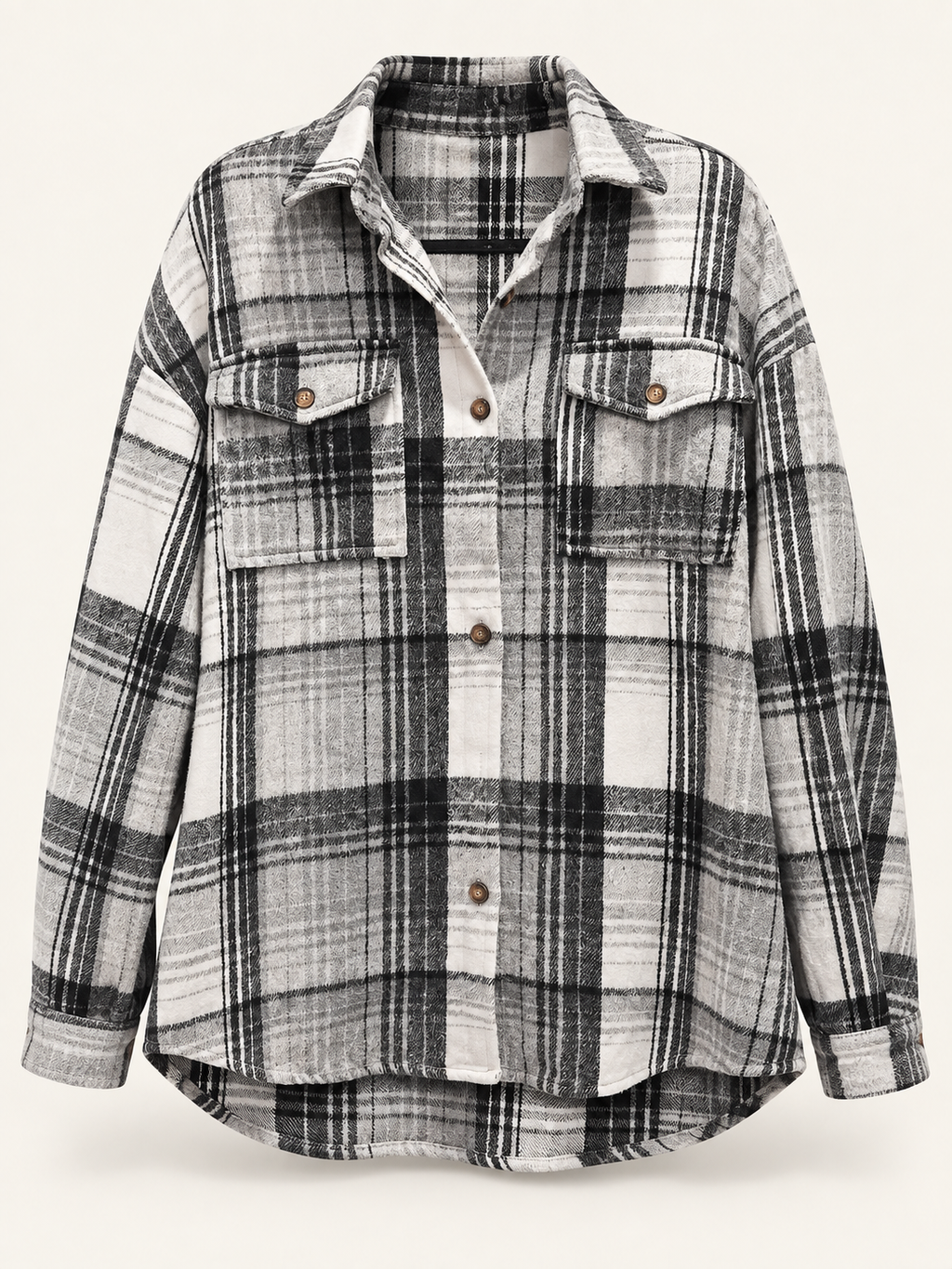 Jackson black, white and gray plaid shacket front view