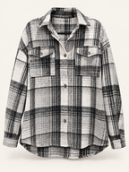 Jackson black, white and gray plaid shacket front view