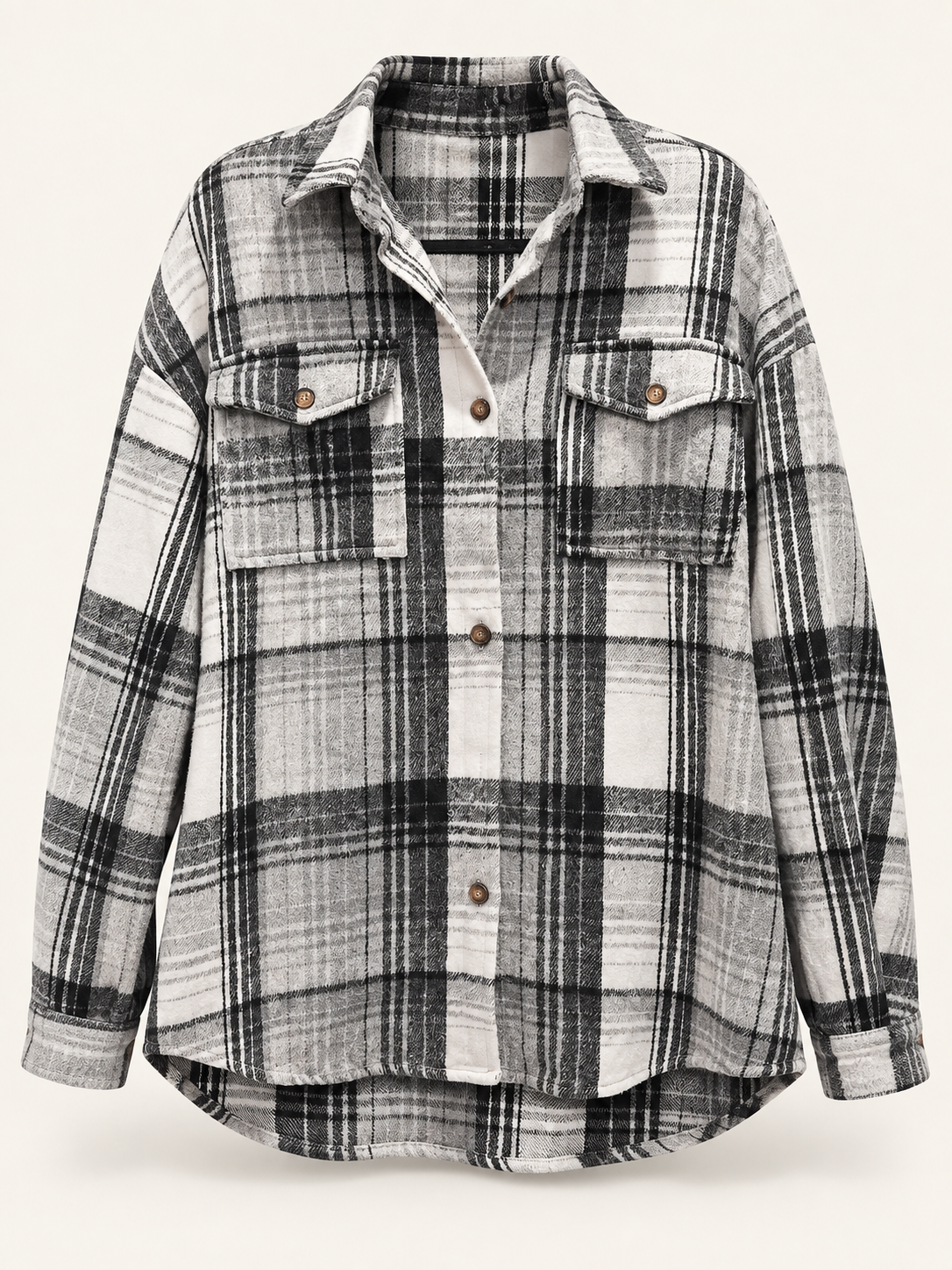 Jackson black, white and gray plaid shacket front view