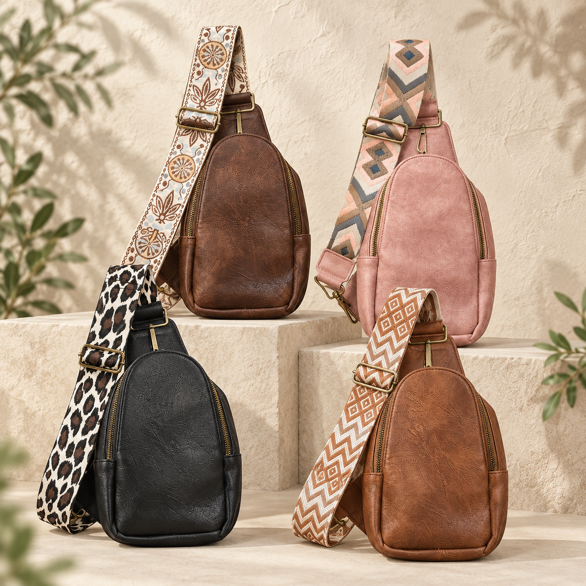Josie sling crossbody bag in dark brown, pink, black, and light brown