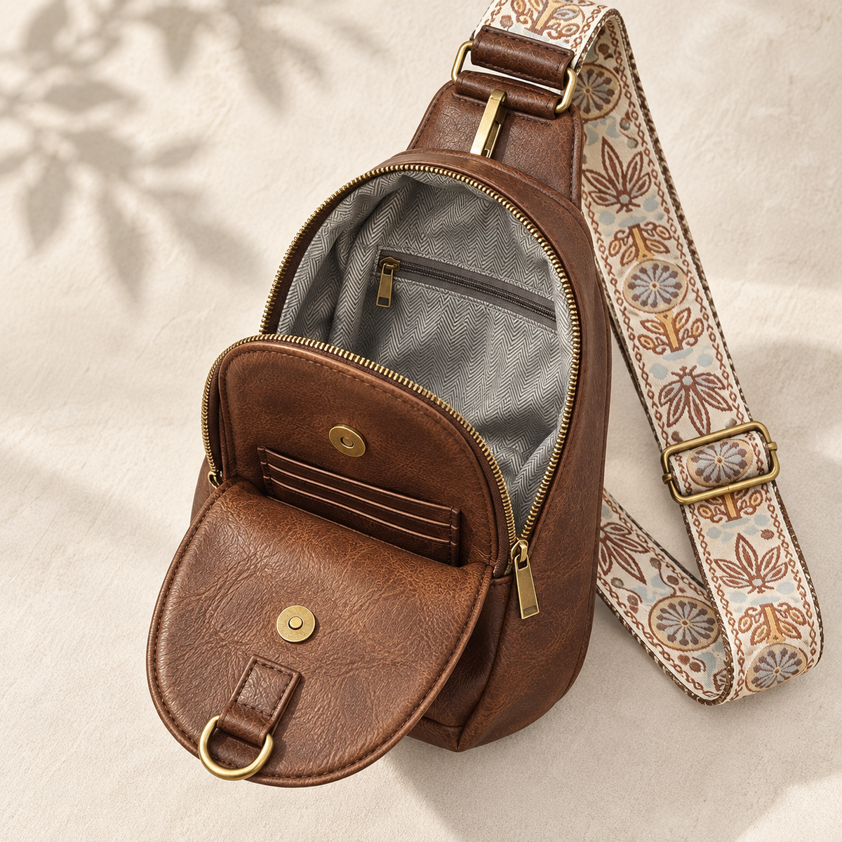 Josie dark brown sling bag open to show lined interior, zip pocket, and card slots