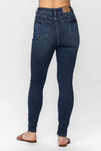 Judy Blue dark-wash high-rise tummy-control skinny jeans detail view