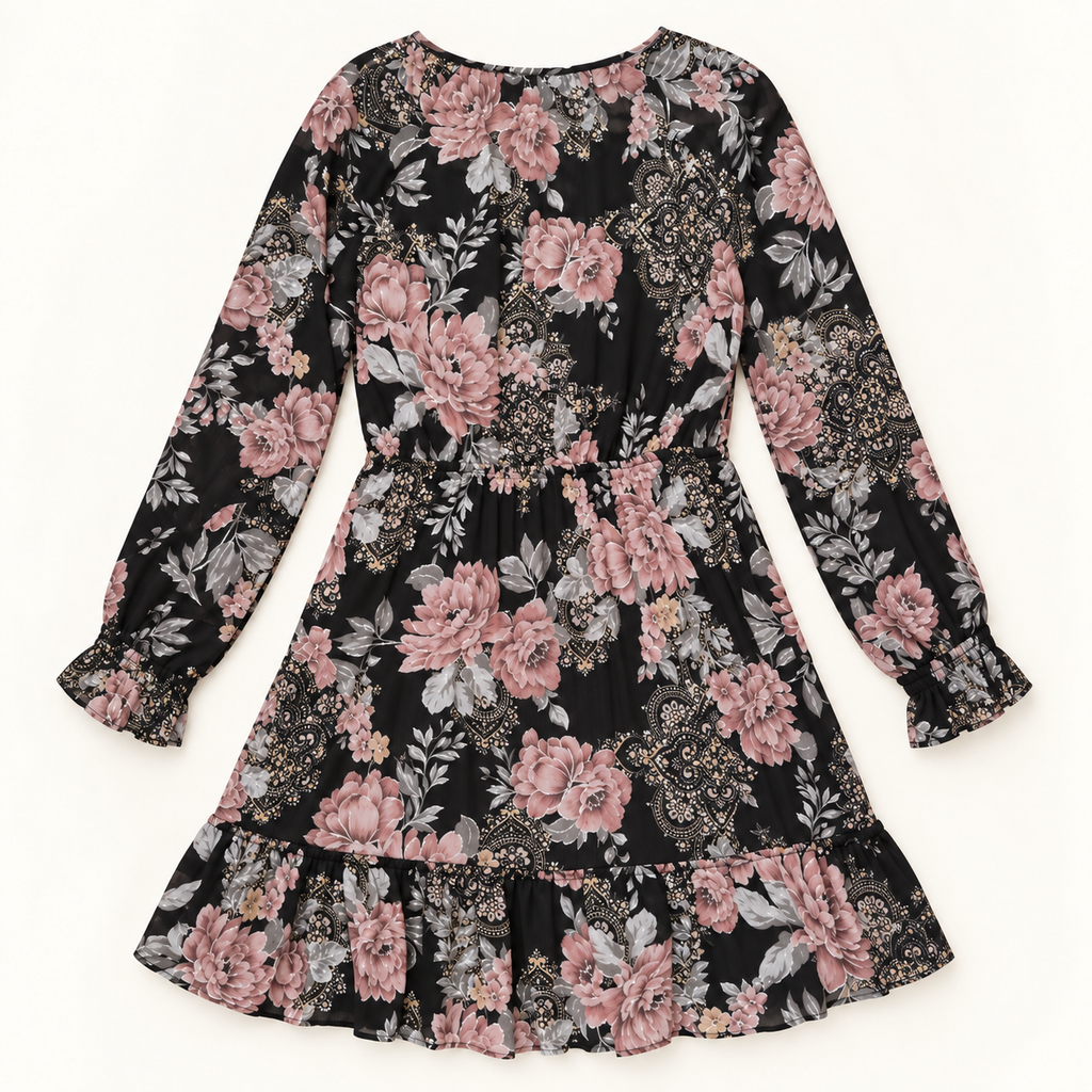 Juliette black, dusty rose and silver shimmer floral dress back view