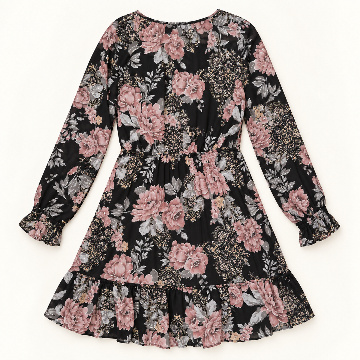Juliette black, dusty rose and silver shimmer floral dress back view