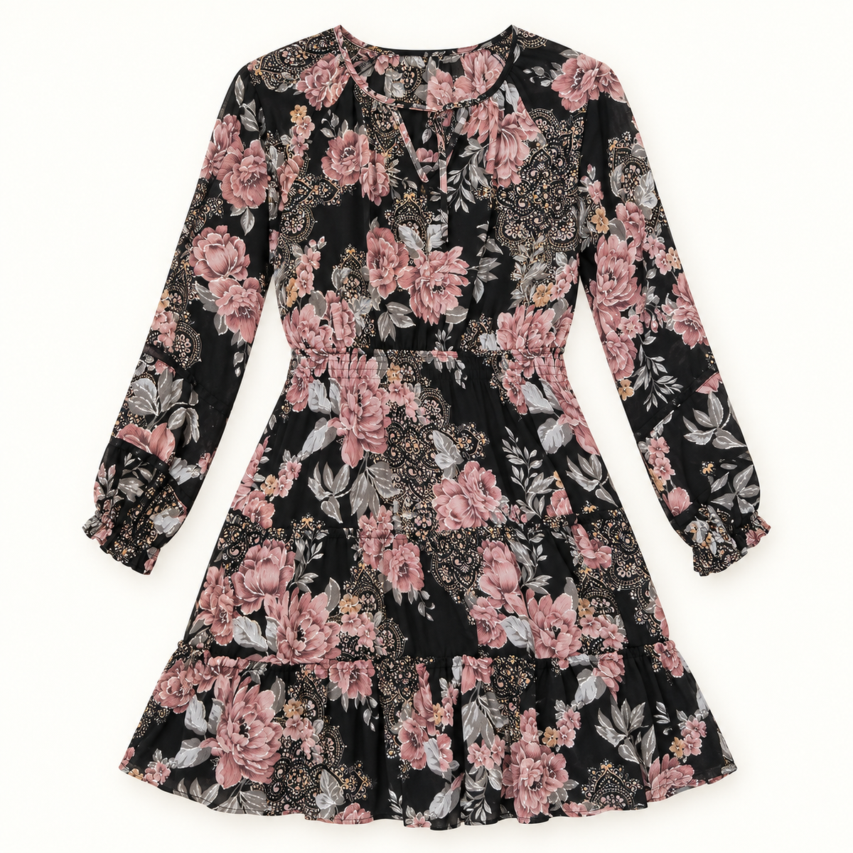 Juliette black, dusty rose and silver shimmer floral dress front view