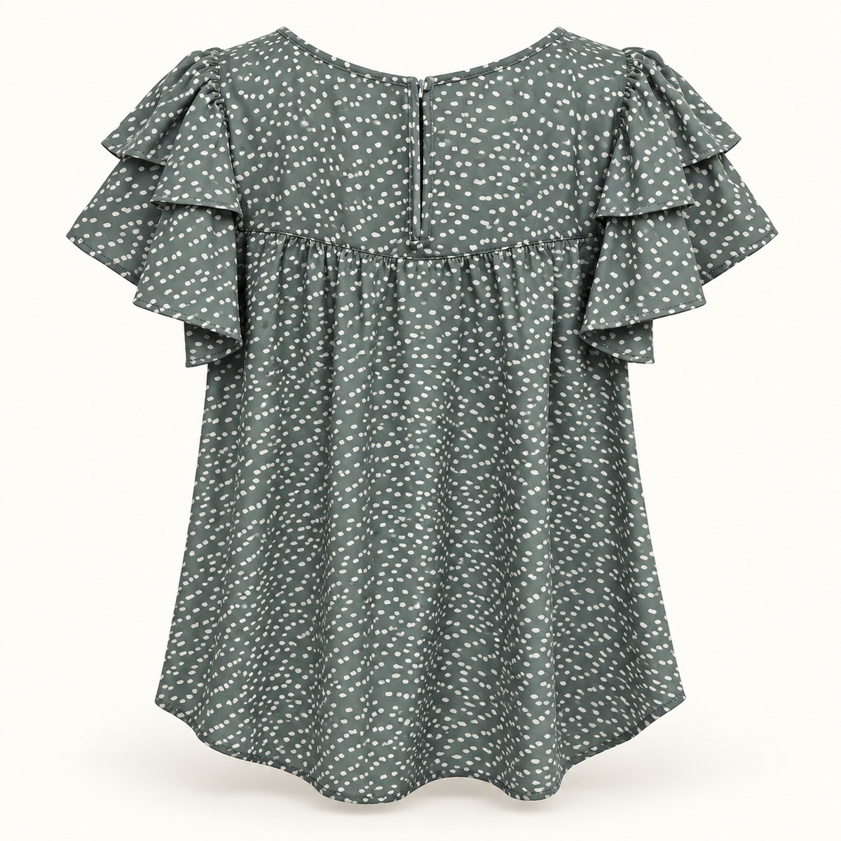 Kate sage green abstract dash print flutter sleeve blouse back view