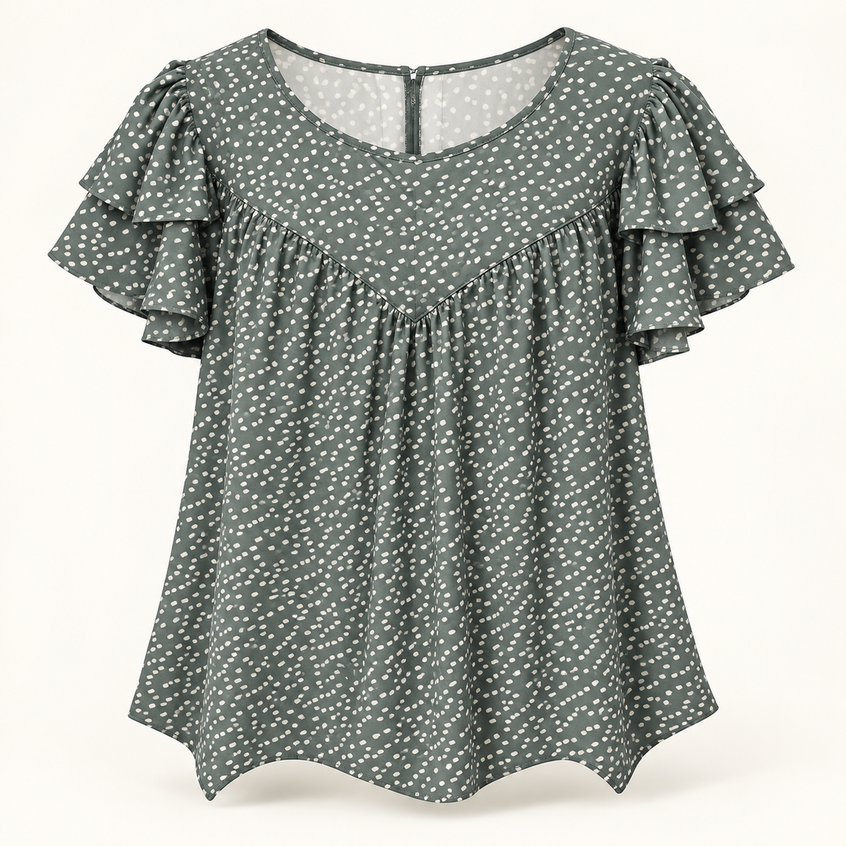 Kate sage green abstract dash print flutter sleeve blouse front view