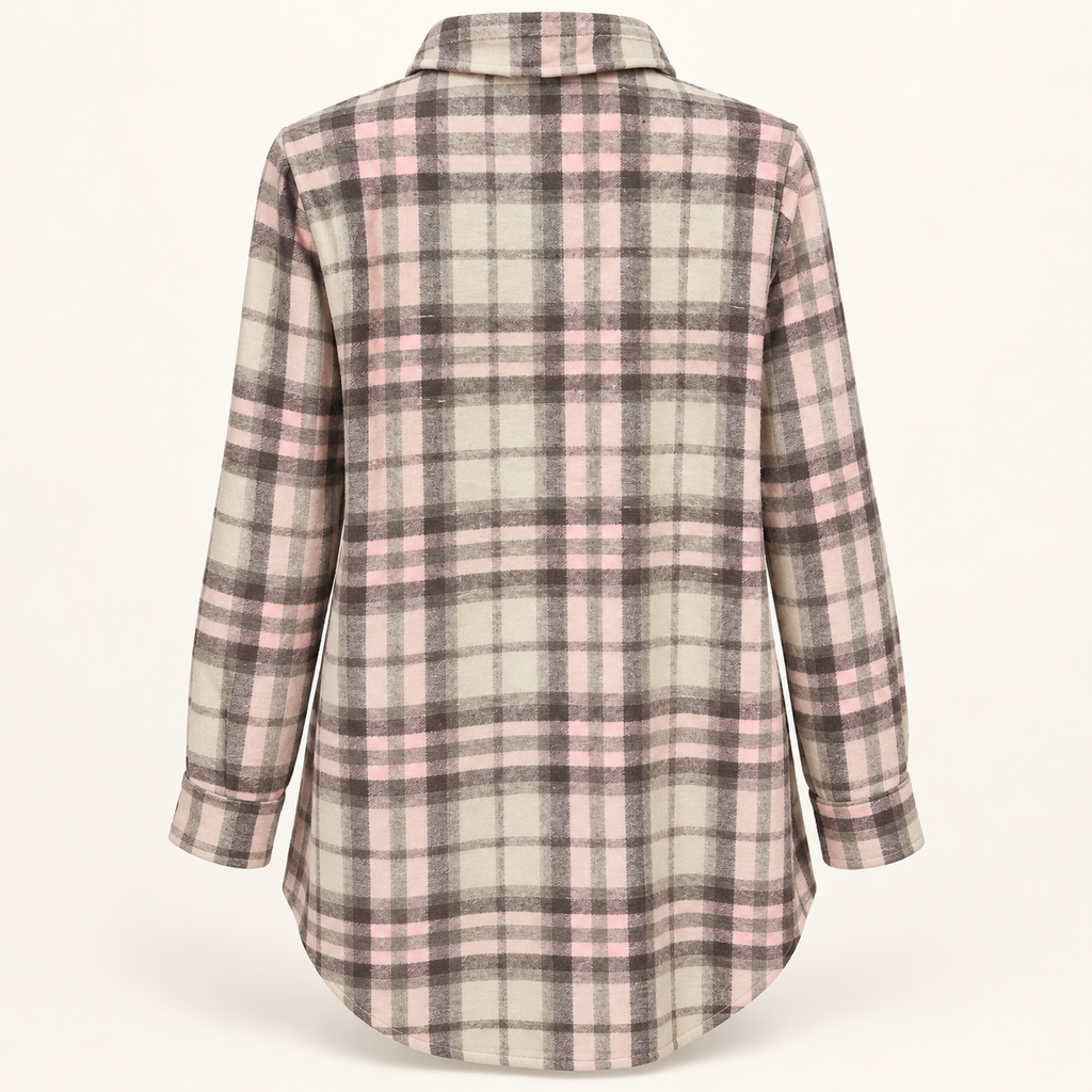 Laia pink, taupe and cream plaid tunic shirt back view
