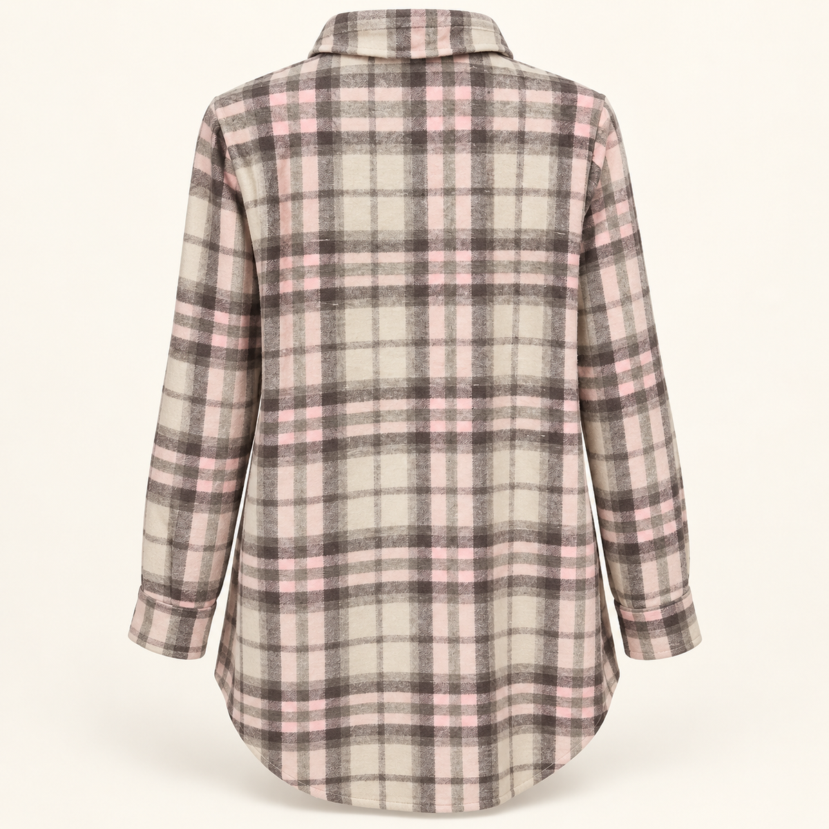 Laia pink, taupe and cream plaid tunic shirt back view