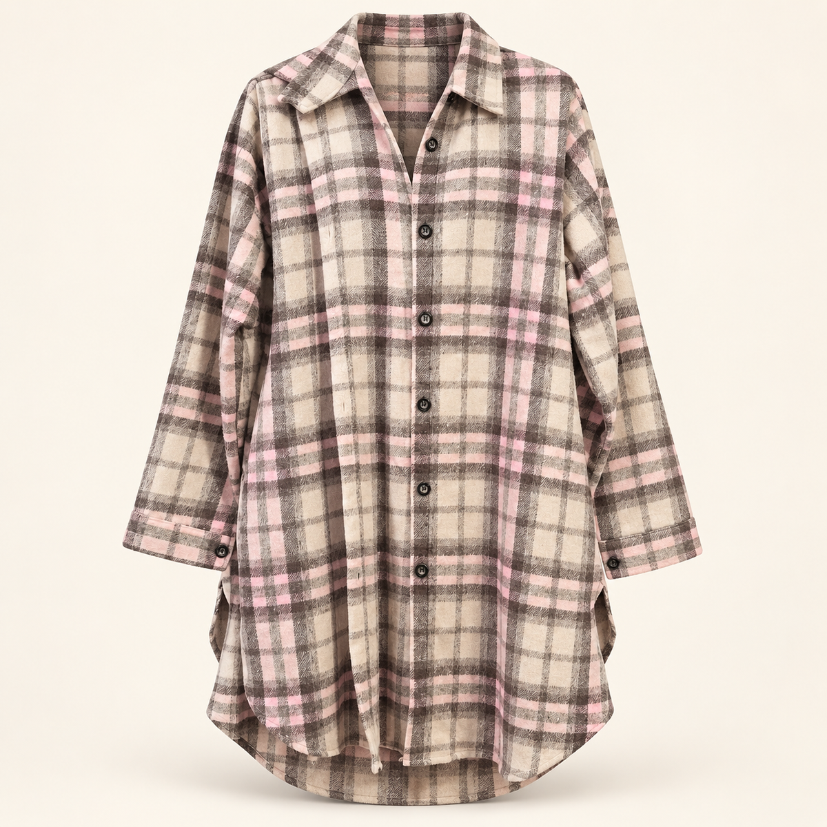 Laia pink, taupe and cream plaid tunic shirt front view