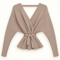 Lana taupe ribbed wrap sweater with open V back and tie waist, back view