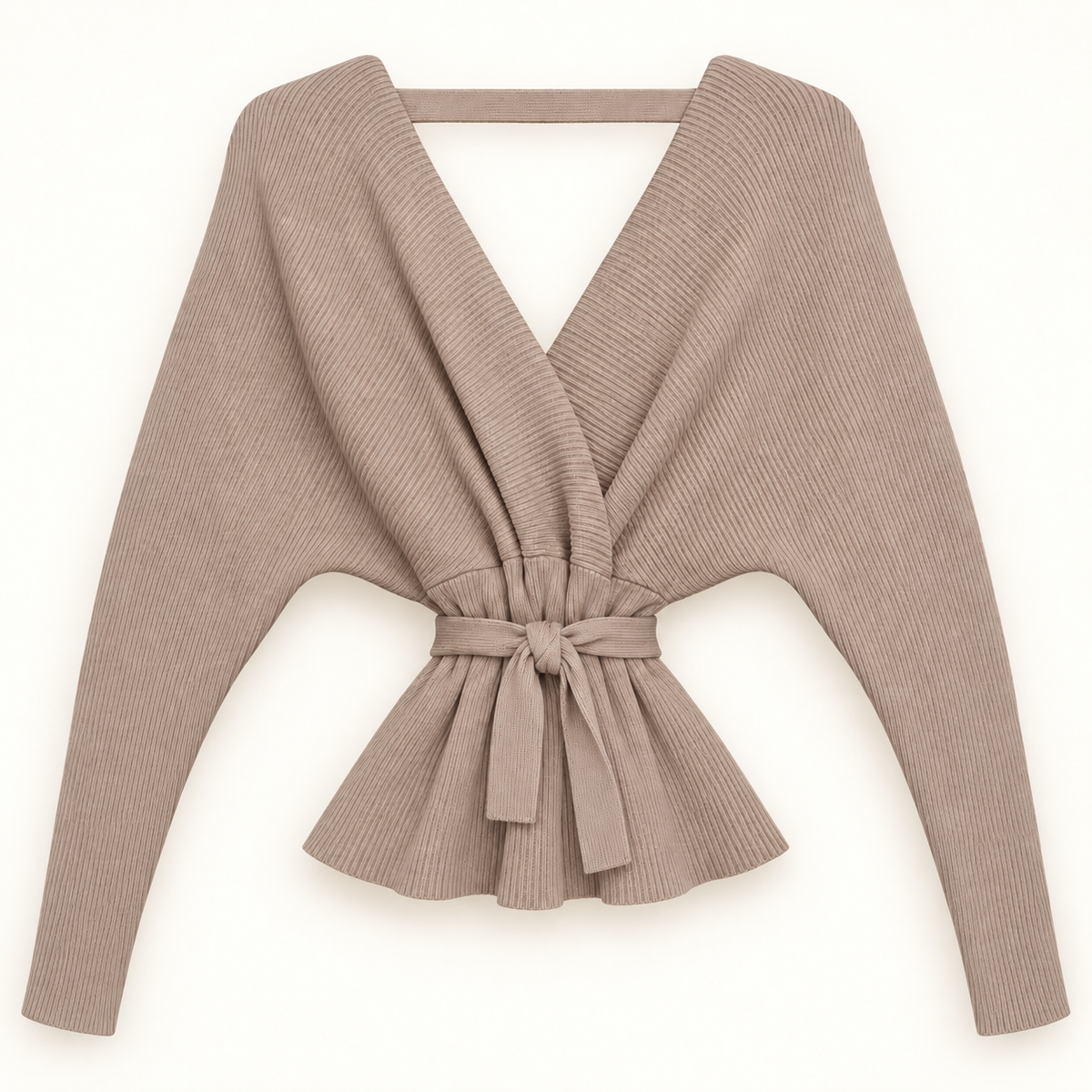 Lana taupe ribbed wrap sweater with open V back and tie waist, back view