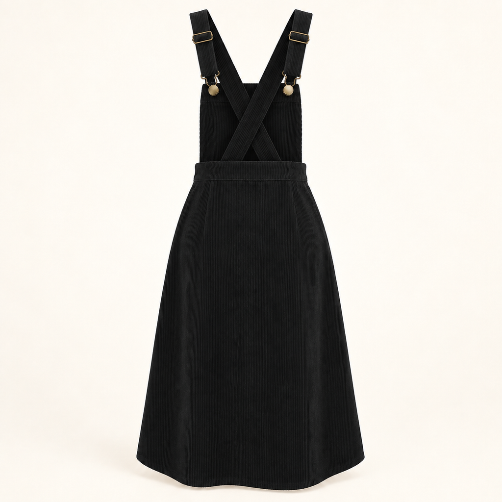 Lunar black corduroy bib skirt, back view