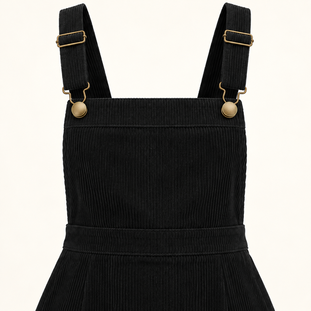 Lunar black corduroy bib skirt strap and texture detail
