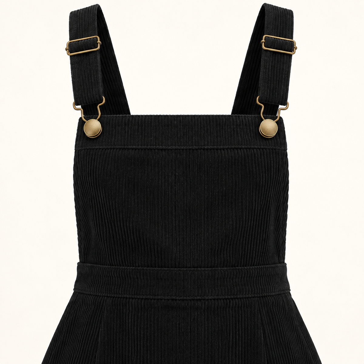 Lunar black corduroy bib skirt strap and texture detail