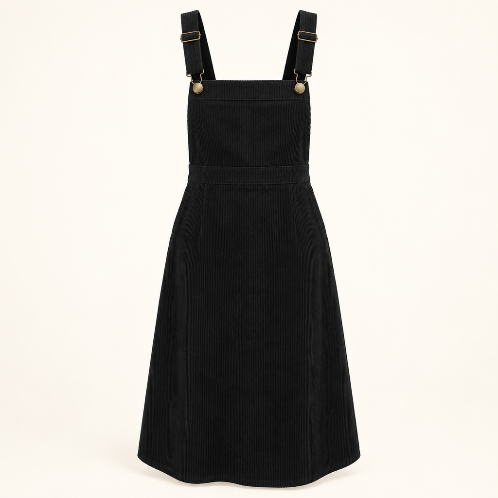 Lunar black corduroy bib skirt, front view
