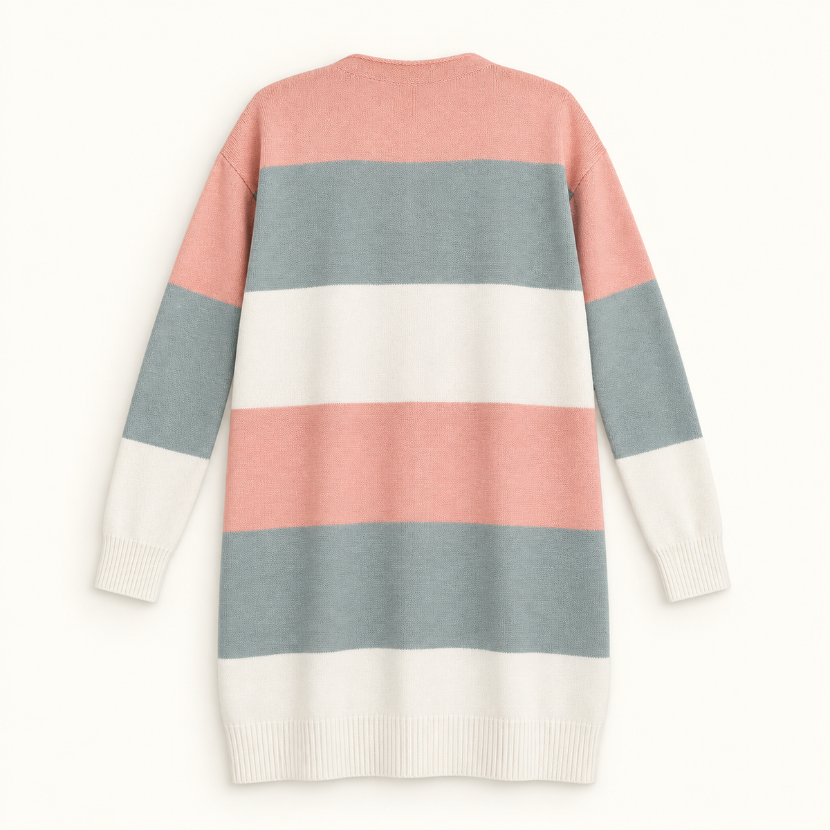 May coral, sage gray and cream color-block longline cardigan back view