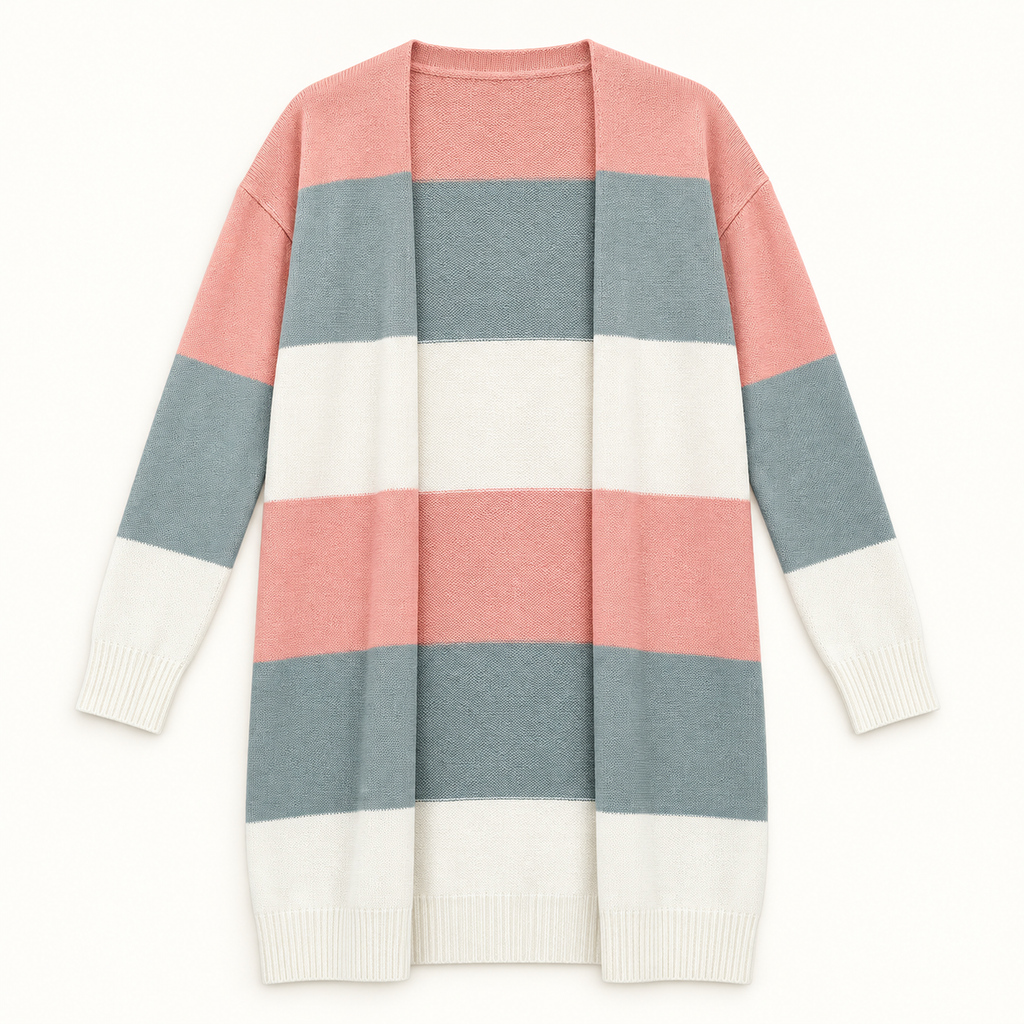 May coral, sage gray and cream color-block longline cardigan front view