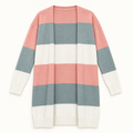 May coral, sage gray and cream color-block longline cardigan front view