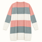 May coral, sage gray and cream color-block longline cardigan front view