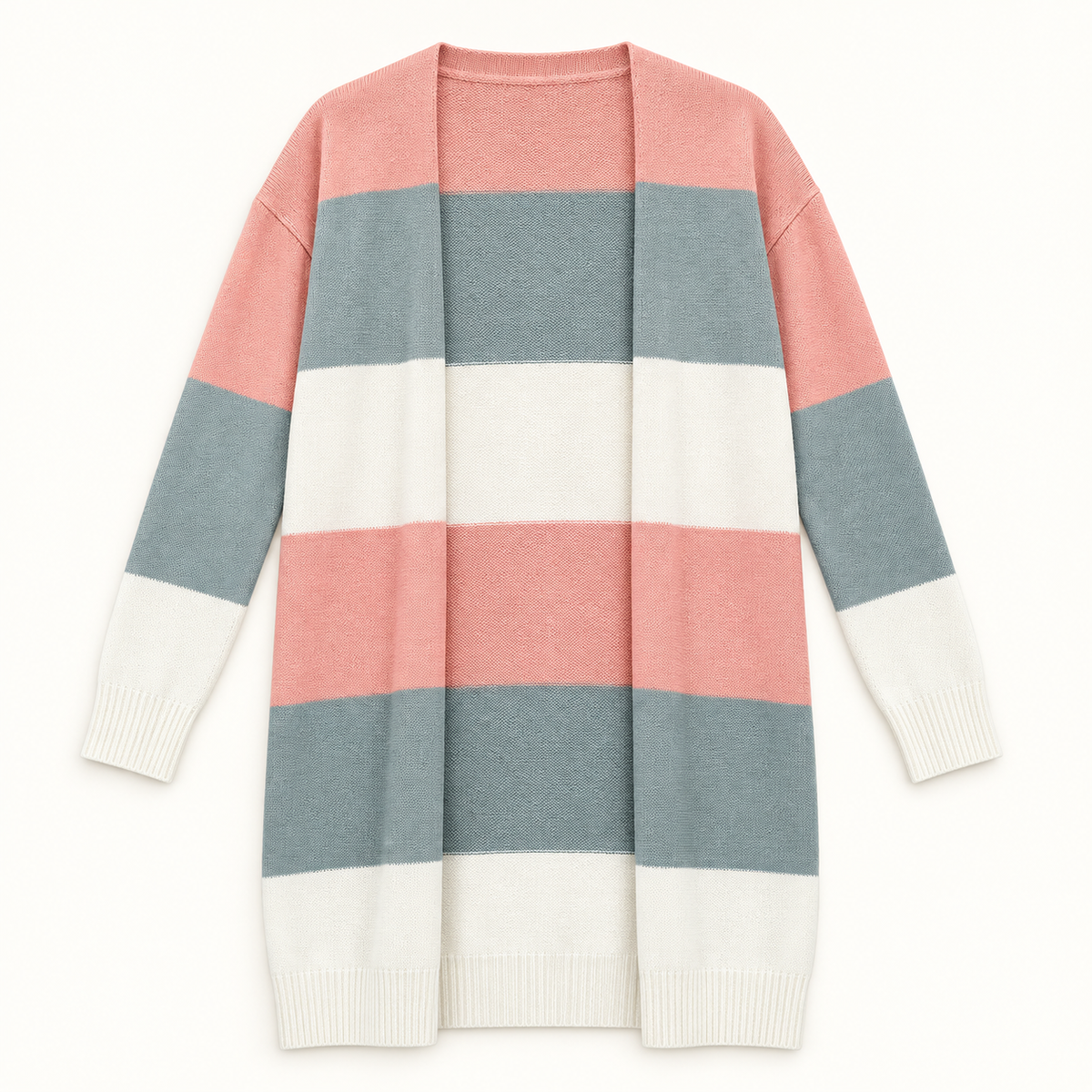 May coral, sage gray and cream color-block longline cardigan front view