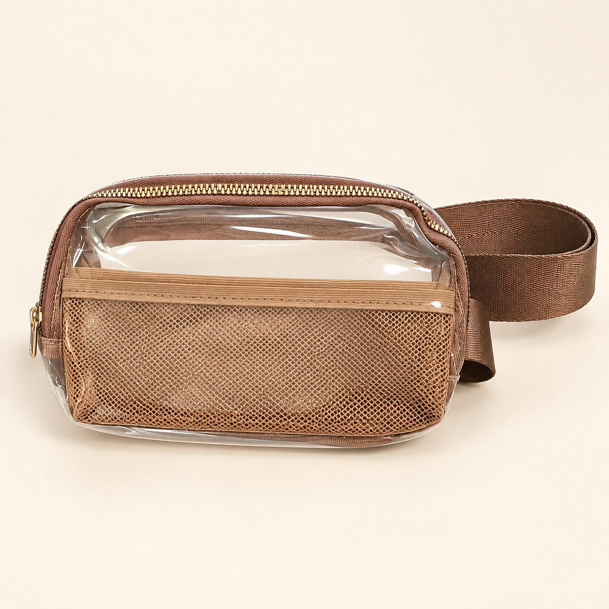 Melodies clear bag in Brown with tan mesh zip pocket and brown woven strap