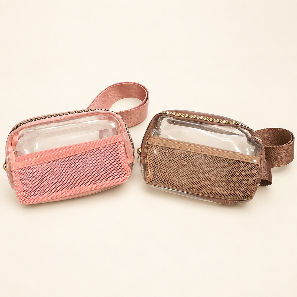 Melodies clear bags in Pink and Brown shown together; each bag sold individually