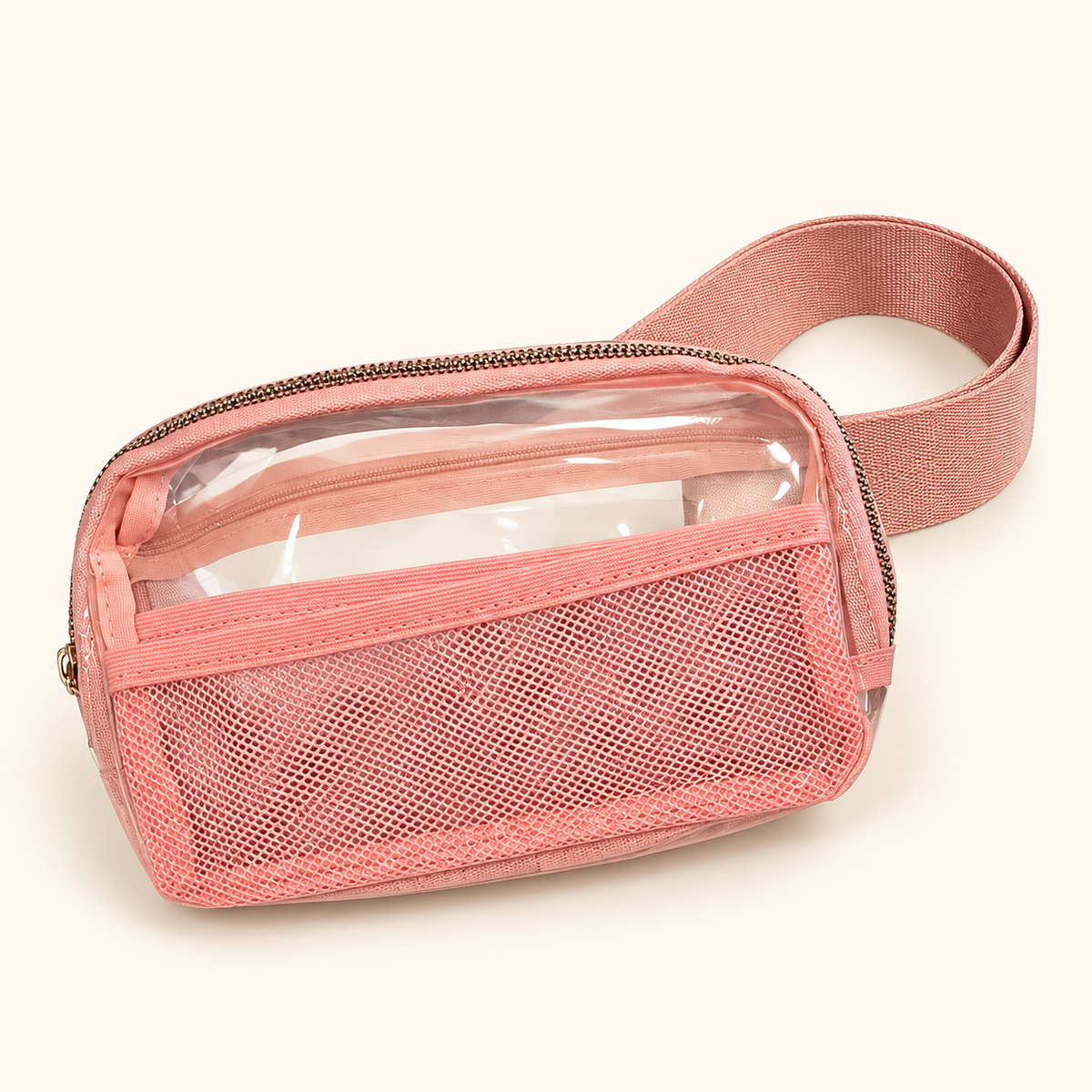 Melodies clear bag in Pink with a mesh zip pocket and matching woven strap