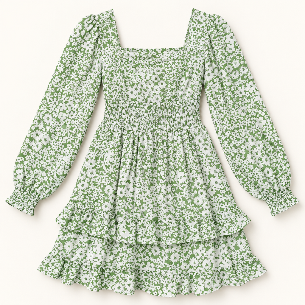 Ophelia sage green and ivory floral dress with square neckline, front view