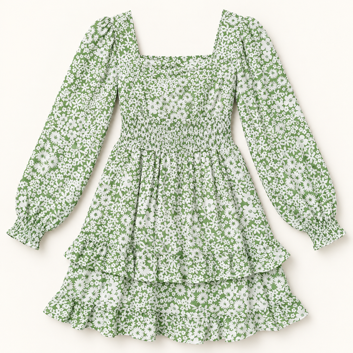 Ophelia sage green and ivory floral dress with square neckline, front view