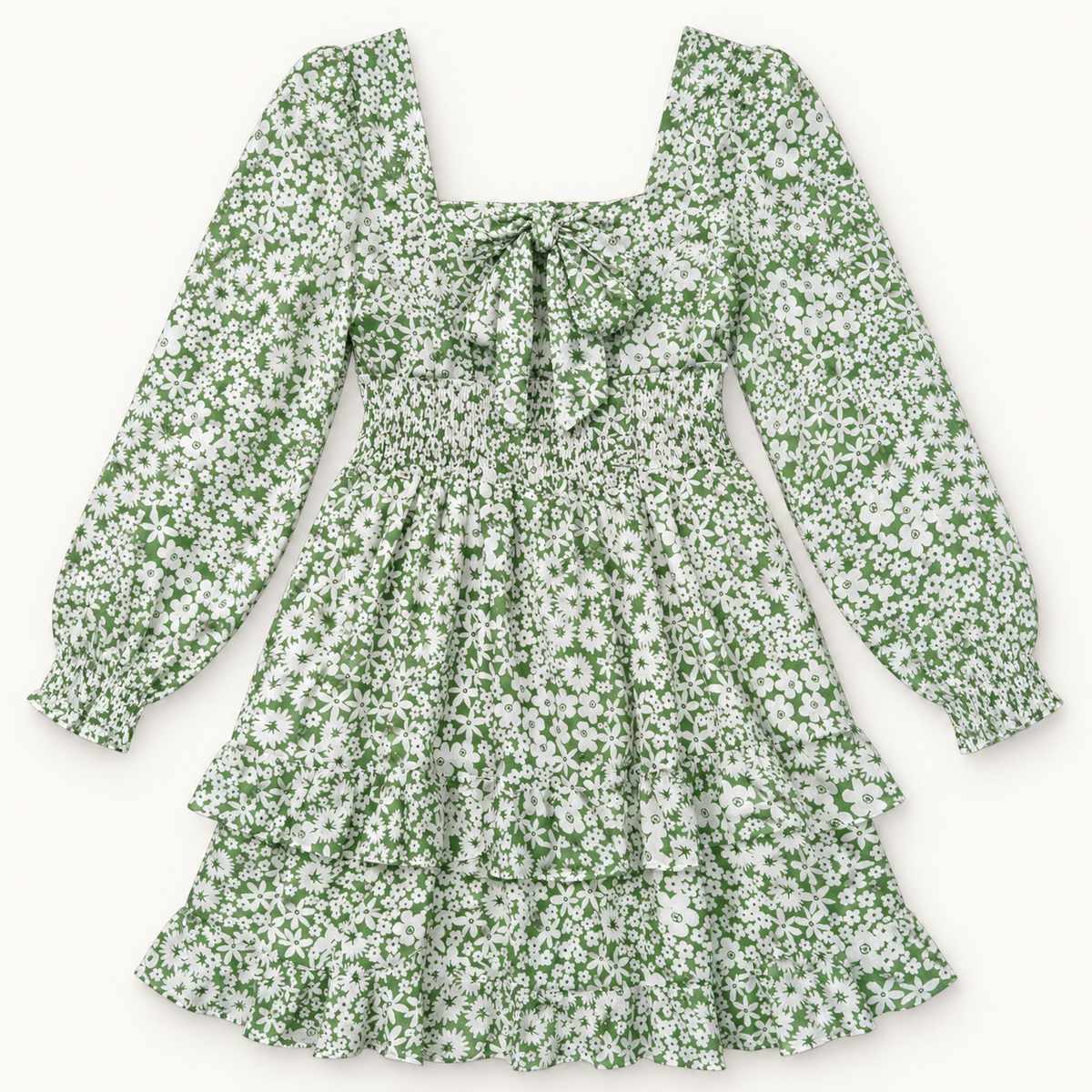 Ophelia sage green and ivory floral dress with square back tie bow, back view