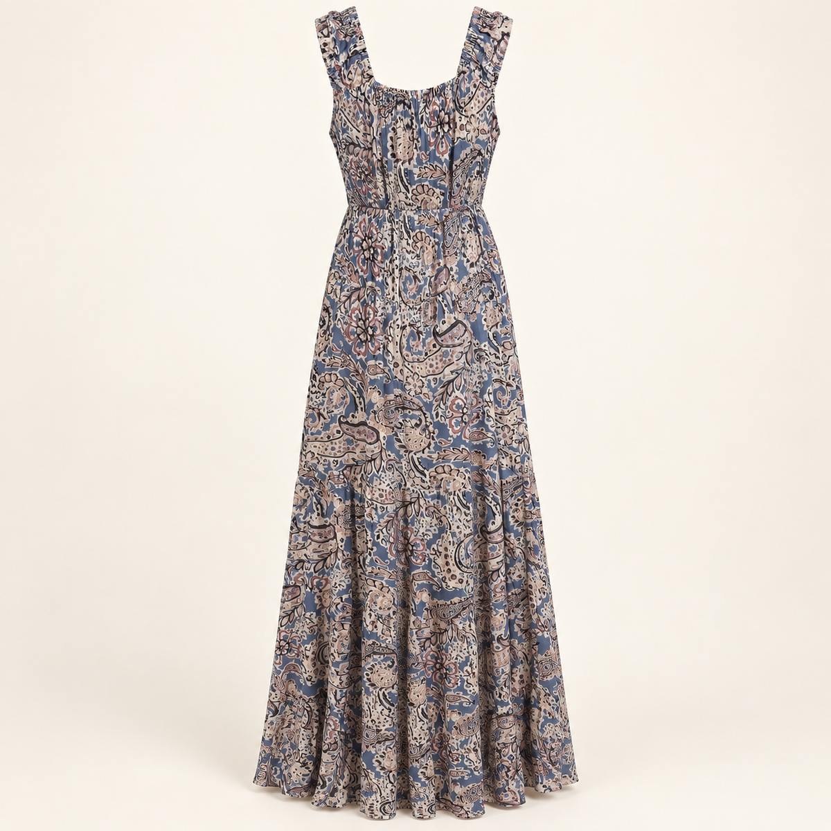 Paisley dusty blue printed maxi dress back view
