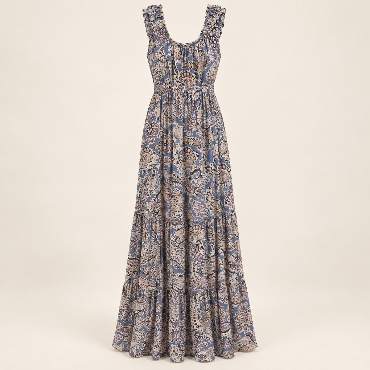 Paisley dusty blue printed maxi dress front view