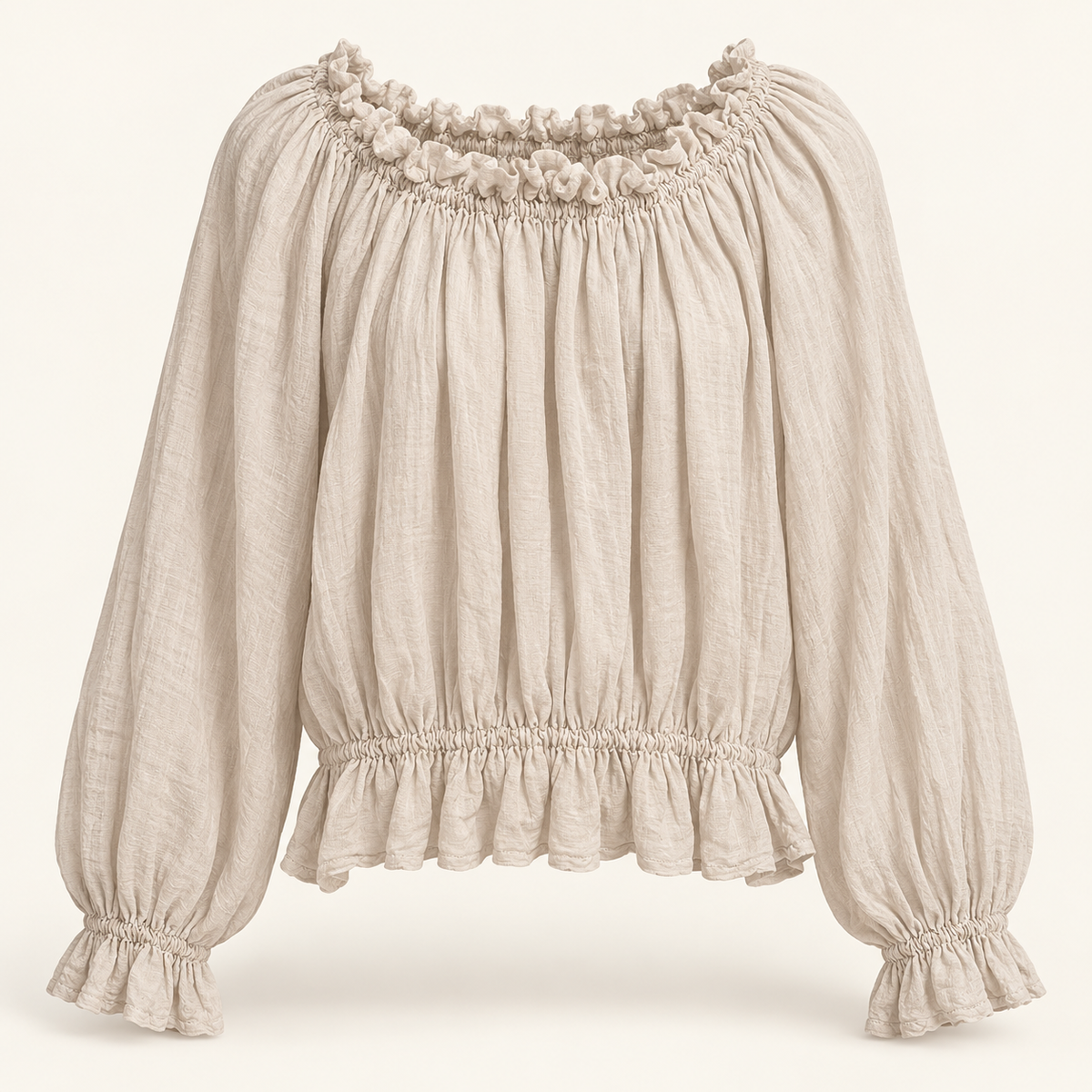Paris cream crinkle-textured ruffle blouse front view
