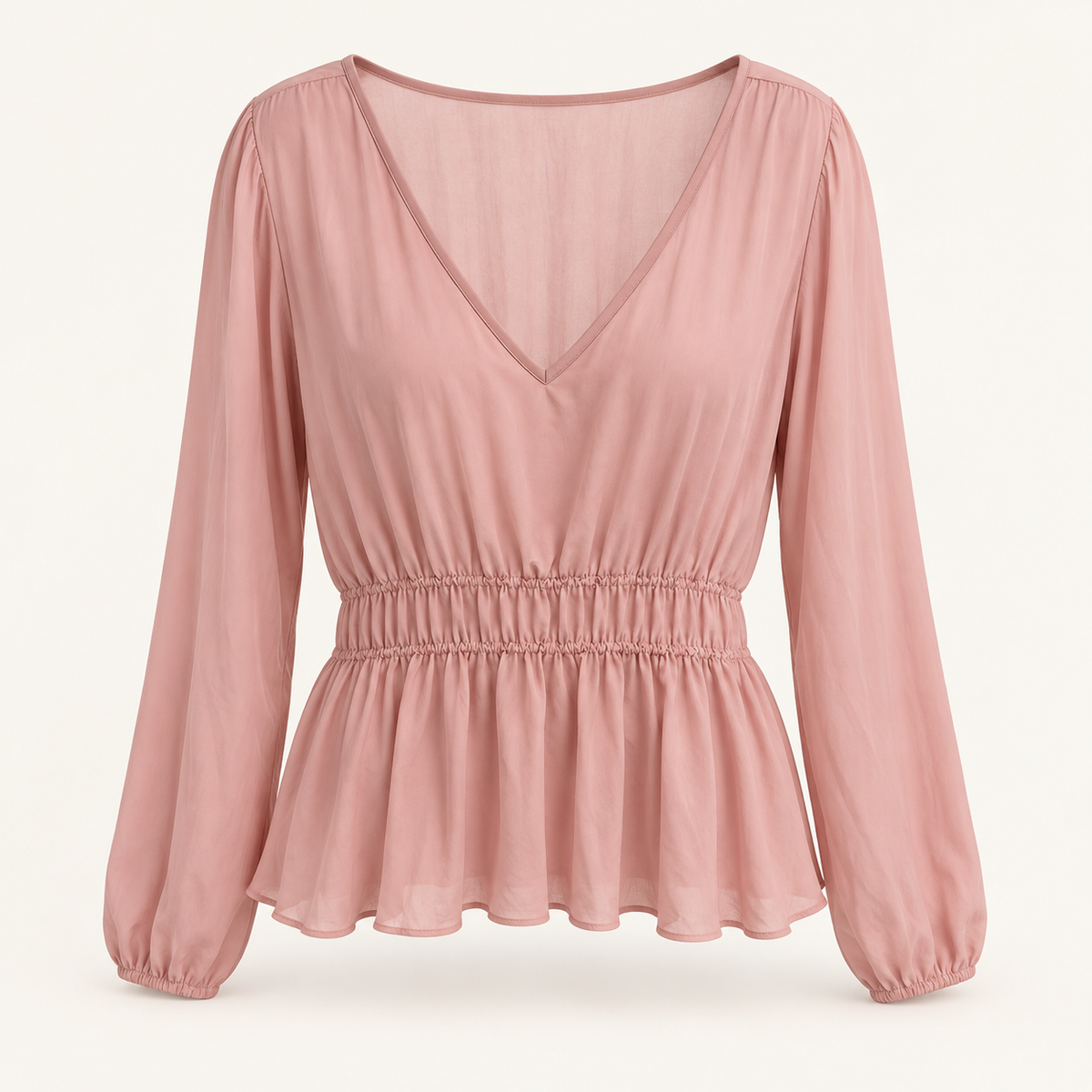 Peach dusty rose long sleeve peplum top front view