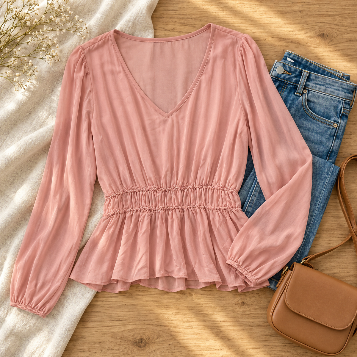 Peach dusty rose long sleeve peplum top styled with denim