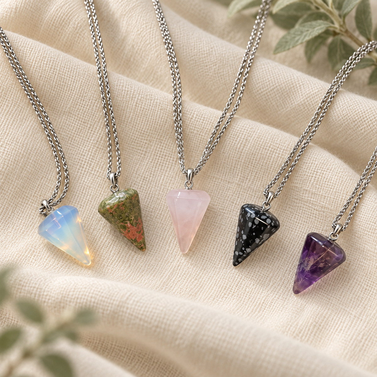 Close-up of five faceted pendulum necklaces on silver-tone chains