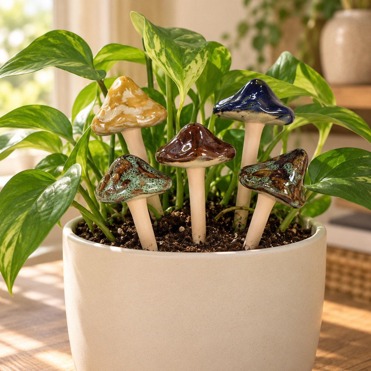 Five glossy mushroom decor picks styled in a leafy houseplant