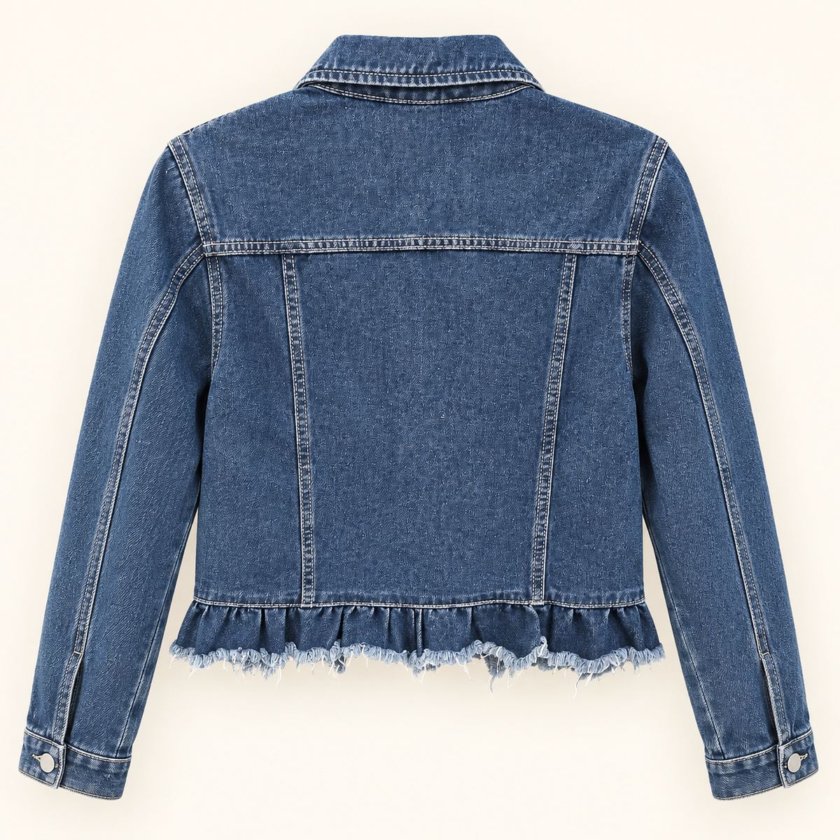 Reba beau blue ruffle raw hem denim jacket back view
