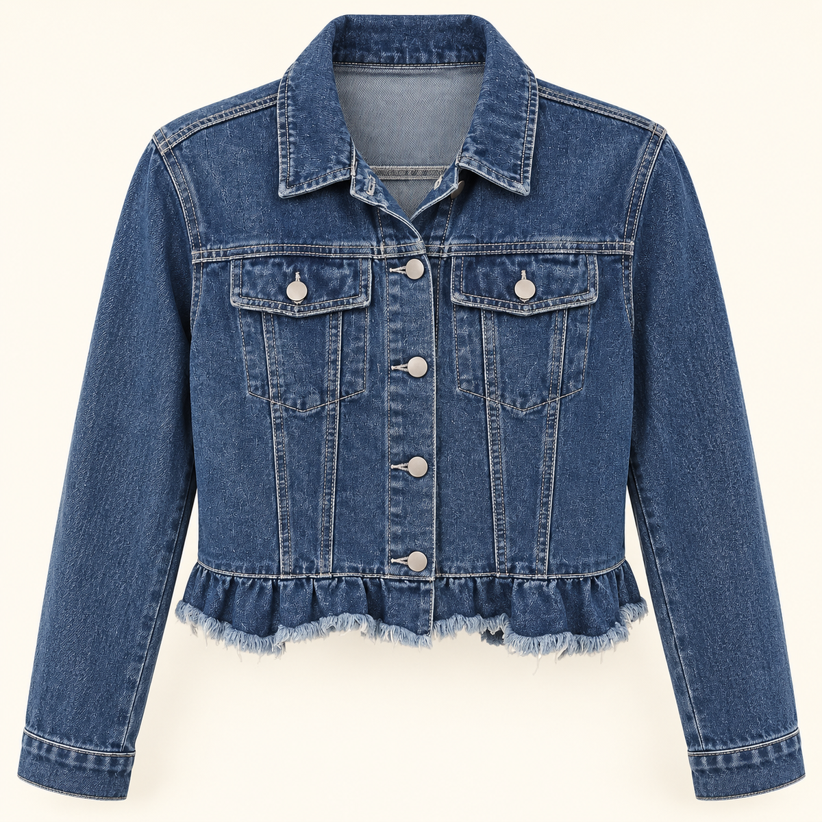 Reba beau blue ruffle raw hem denim jacket front view
