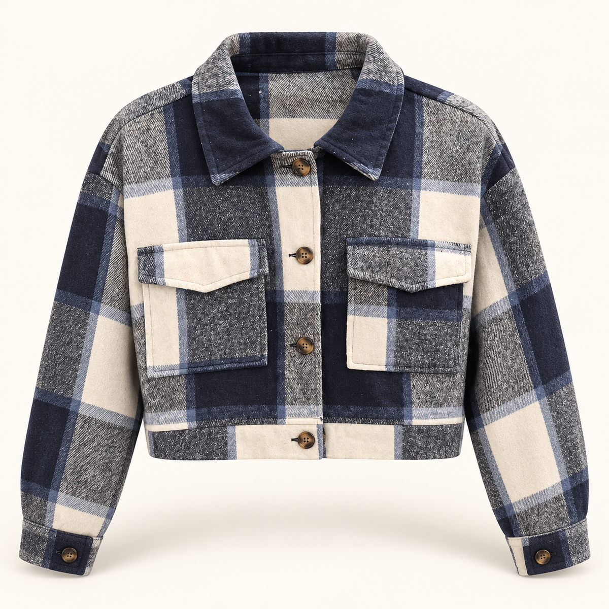 Roux cropped flannel jacket in blue plaid front view